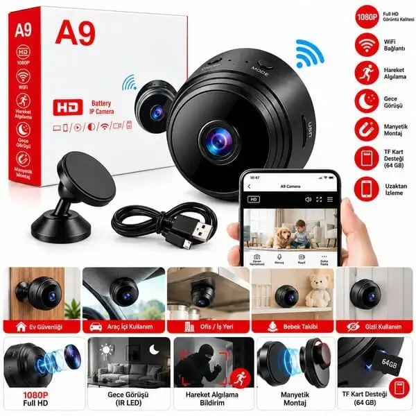 Mini WiFi IP Kamera 1080P Full HD Gece Görüşlü Manyetik Montaj